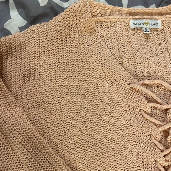 Woven Heart Lace-Up Front Pink Chenille Sweater - Picture 9 of 11